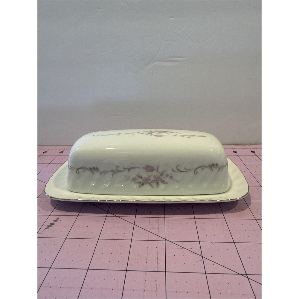 Gold Standard GST1 Covered Butter Dish with Pink Flower Gray Scroll Pattern